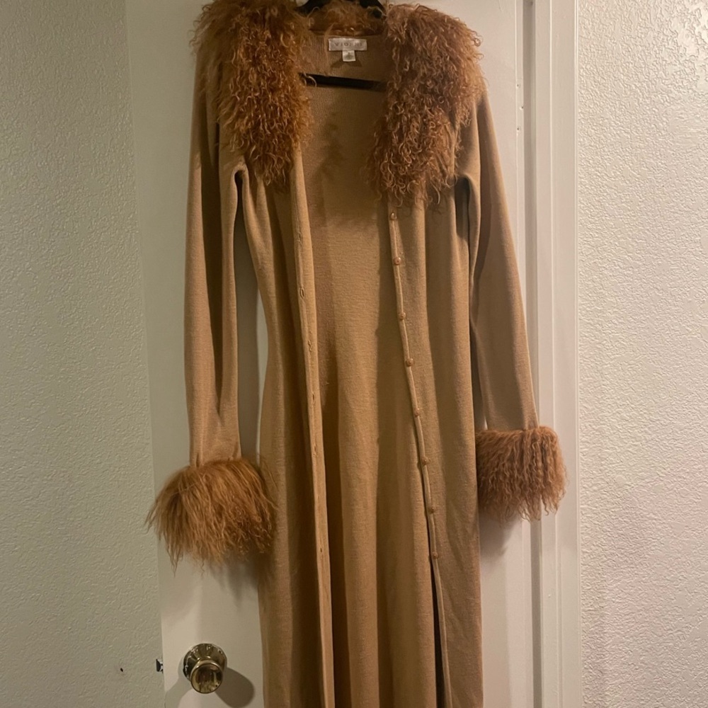 Vionni Tan Cardigan with genuine Mongolian Fur (detachable fur)